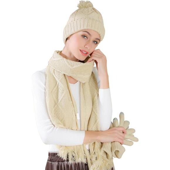 Women\'s Winter Hat Gloves Scarf Set Beanie with Pom Touchscreen Gloves main image 5